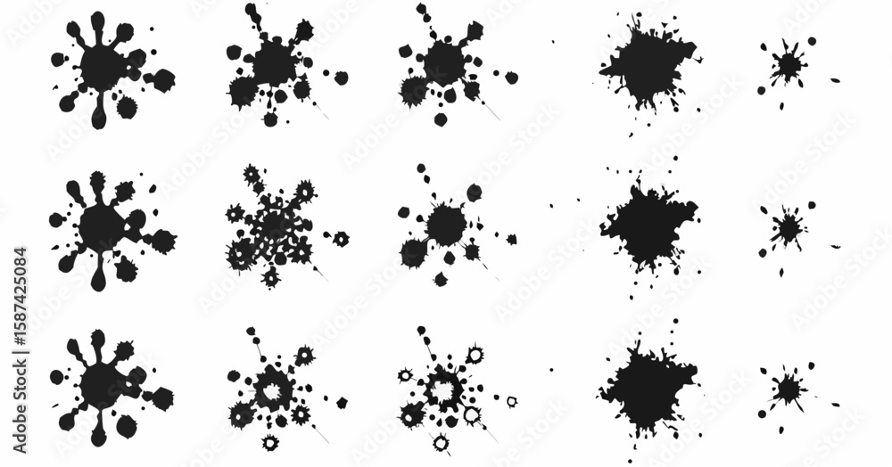 Poster vector a collection of fifteen black ink splatters arranged in a three by five grid on a white backg