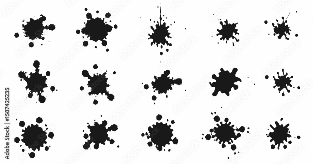 Poster vector fifteen black ink splatters of varying sizes and shapes scattered across a white background i