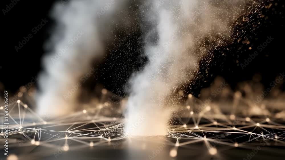 Poster white smoke and golden particles are rising from a network grid on a black background, creating a vi