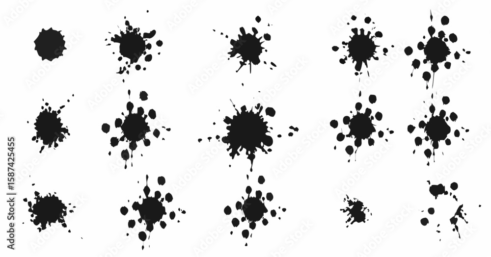 Poster vector collection of black ink splatters and blots arranged in a grid pattern on a white background 