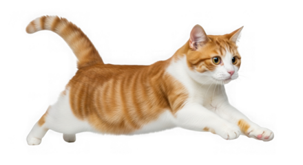 Orange tabby cat leaping isolated on transparent background