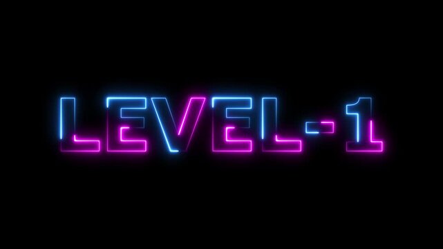 Level One text font with glowing neon light.Level Up neon sign tex animation.