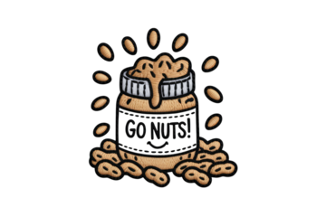 Peanut butter jar with peanuts and text food spread