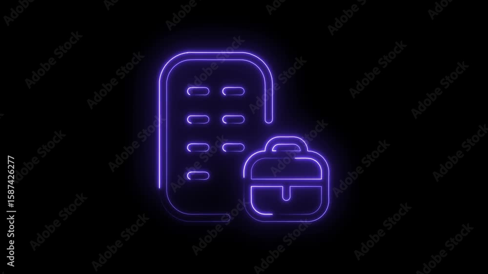 Poster neon glowing building and briefcase icon animation on a dark background representing work