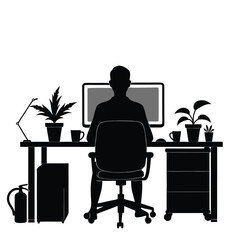 Person working at desk with computer and plants chair lamp