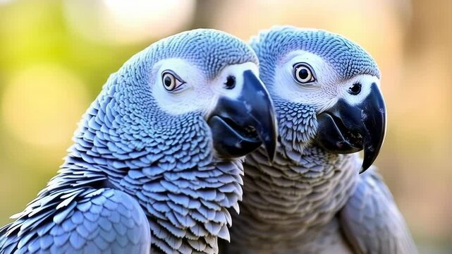 Two intelligent african grey parrots look closely at the camera, showcasing their detailed feathers and curious eyes