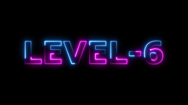 Level Six text font with glowing neon light.Level Up neon sign tex animation.