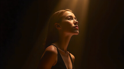 Side Portrait of a Woman under Dramatic Spotlight
