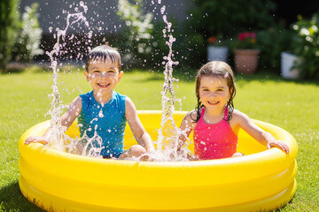 Joyful Children Splashing in Bright Yellow Inflatable Pool on Sunny Summer Day