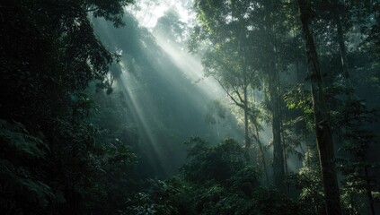 Sunlight streams through dense jungle canopy