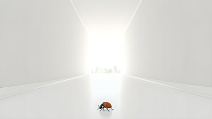 Minimalistic Ladybug in Bright White Hallway with Off-Center Framing
