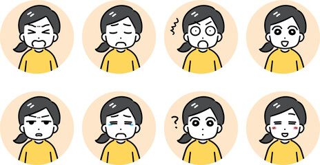 若い女性のいろんな表情の丸いアイコンのセット(上半身)