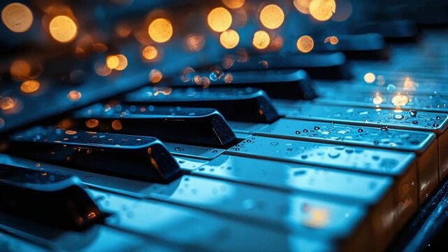 Rain-kissed piano keys gleam under warm lights