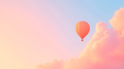 Fototapeta premium A solitary orange hot air balloon drifts through a pastel sky with soft clouds