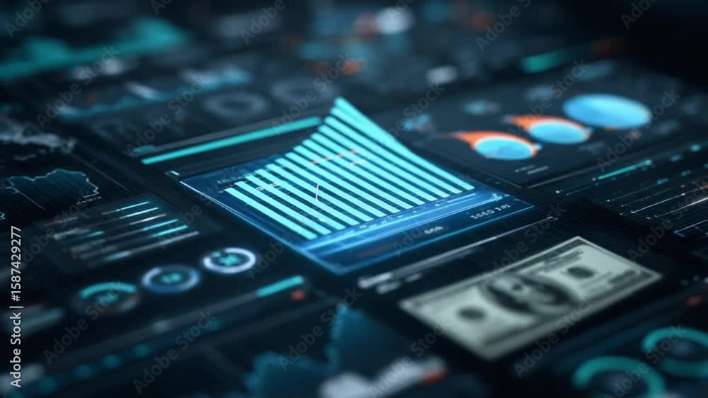 Poster financial data visualization: a futuristic dashboard displaying key metrics and growth trends