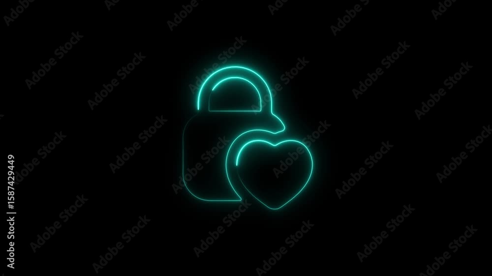 Poster glowing neon heart and lock symbol on black background loopable animation