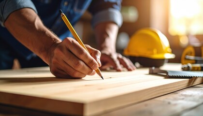Hand using a yellow pencil to mark a light wooden board Blurred yellow hard hat and saw visible on a workshop table