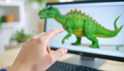 Human hand reaching towards a computer monitor displaying a vibrant green 3D dinosaur model