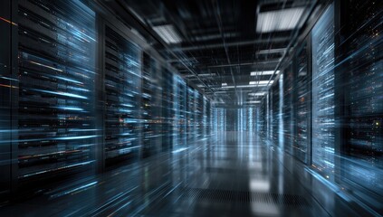 Dark server room, motion blur, data flow