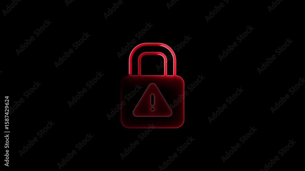 Poster illuminated red padlock with warning sign on black background conceptual design