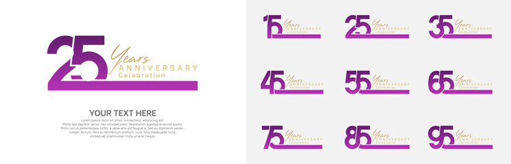 Anniversary logo set vector design, purple and golden color for celebration event