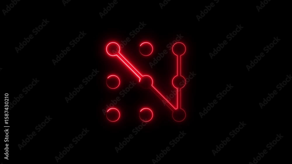 Poster glowing red animated padlock pattern with neon lines on dark black background