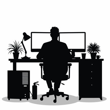 recommend clip art: Person working at desk with dual monitors and computer equipment silhouette