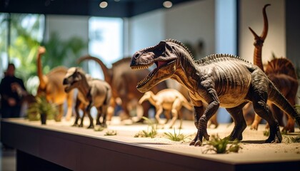 Fototapeta premium Realistic dinosaur models on display in a museum setting A detailed large theropod model with open mouth stands