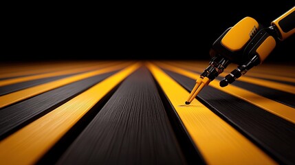 A robotic arm with a pen like tip interacts with parallel yellow and black stripes receding into the distance