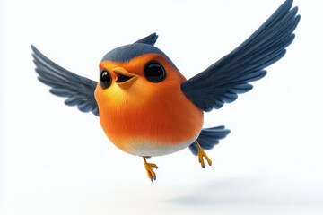 Naklejka premium Robin flying in arc 3d render cartoon character on white background