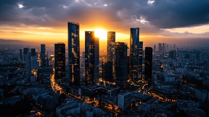 Aerial view of a dramatic city skyline with towering skyscrapers illuminated by a vibrant sunset over an urban landscape