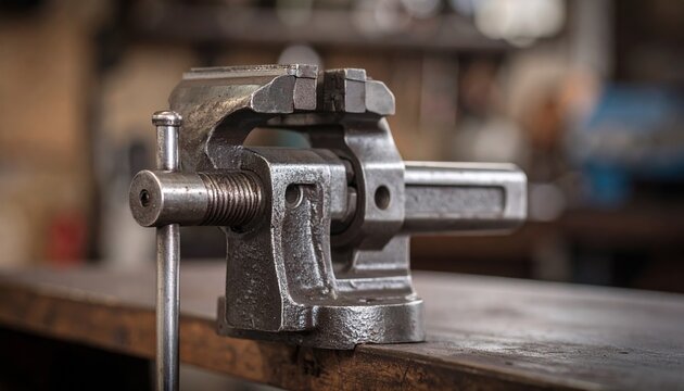 A robust vintage cast iron bench vise sits on a rustic wooden workbench Visible in a blurred workshop environment