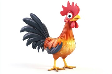 Rooster crowing 3d cartoon character on white background