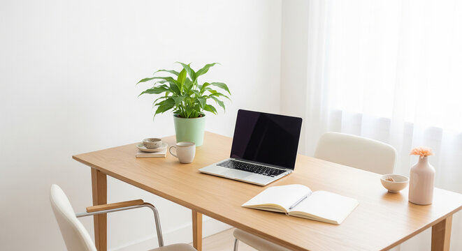 A Scandinavian-style home office with a sleek wooden desk, laptop, green plant, ceramic cup, and notebook, bright soft lighting