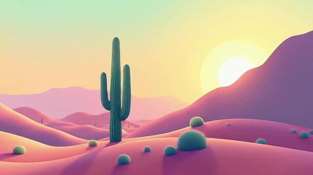 Retro-style illustration of a desert landscape with tall cacti, sand dunes, and a pastel-colored sunset sky, featuring flat vector shapes and textured gradients.

