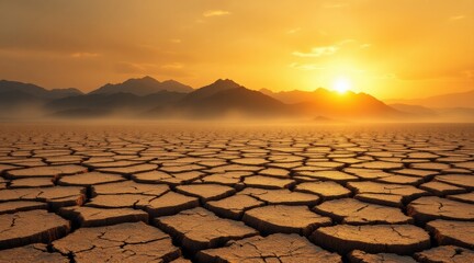 Barren landscape with cracked earth under a golden sunset and distant mountains.
