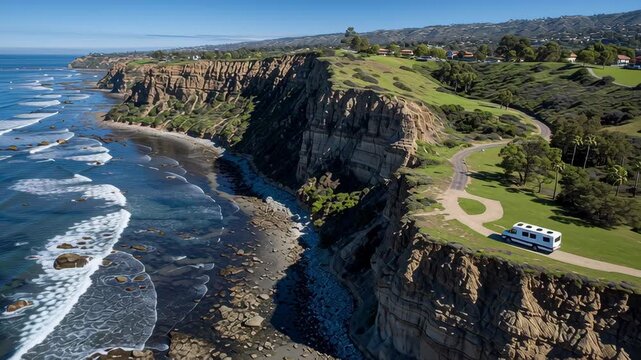 Aerial view of camper van at cliffside, overlooking ocean waves crashing against rocks, surrounded by stunning coastal landscape and blue skies