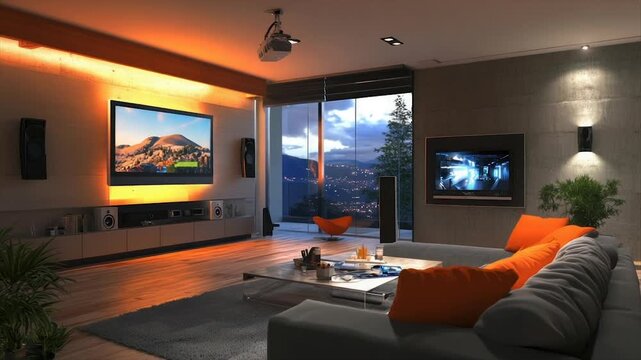 Modern home theater with ambient lighting, large screen, and surround sound