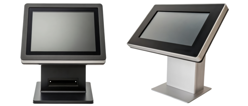Two modern self-service kiosks with interactive touch screens on a transparent background