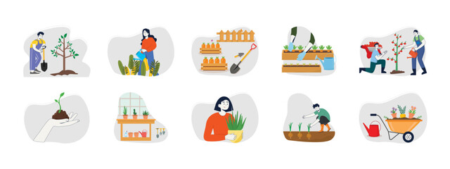 Gardening illustrations set. Flat illustrations packs. Vector illustrations concept.