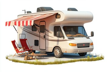 Naklejka premium RV Camping - Using a recreational vehicle (RV) to camp with the comfort of home amenities. isolated in 3d cartoon character on white background