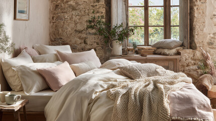 beautiful inviting bed after restful sleep adorned with rumpled sheets and soft gentle lighting