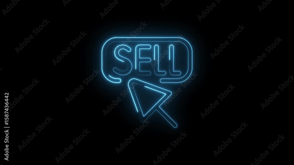Poster animated neon sell button with mouse cursor on black background for online shopping
