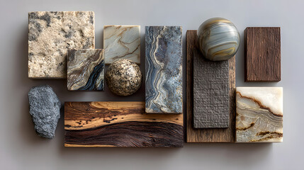 interior design material sample moodboard with luxury surfaces like marble and wood
