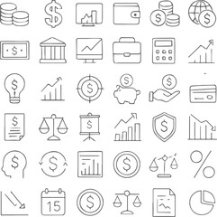 Loan and financing line icon set vector illustration. Includes approval, interest rate, repayment, mortgage, agreement, penalty, rejection, calculator, credit score and credit risk elements.