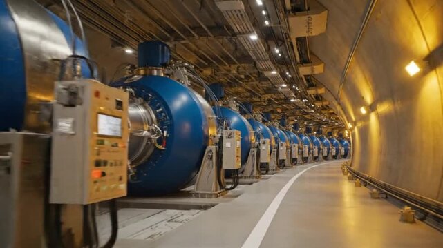 Advanced Particle Accelerator Tunnel with Blue Magnetic Superconducting Chambers and High Tech Infrastructure in Underground Scientific Research Facility