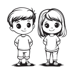 Funny Children Cartoon Illustration, Happy Boy and Girl Smiling Together in Vector Art