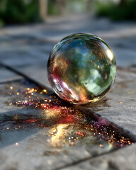 Playful Summer Magic: Bubble with Colorful Light Reflections in Whimsical Garden Capturing Nature's Beauty and Imagination Wonder