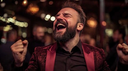 Close up of a bearded man with eyes closed laughing aloud in excitement wearing a red patterned jacket indoors
