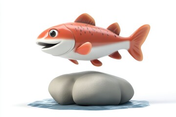 Fototapeta premium Salmon leaping upstream 3d cartoon character on white background